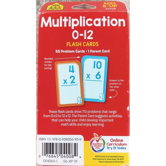 School Zone Multiplication 0-12 Flash Cards 55 Problem Cards 1 Parent Card - Picture 3 of 3